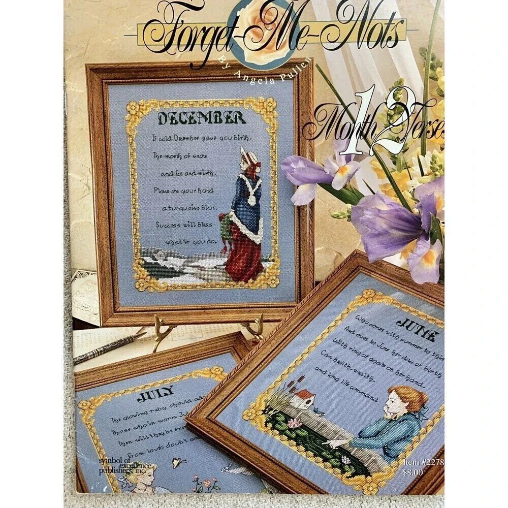 Birth Month counted cross stitch patterns Forget Me Nots 12 Month Verses Angela